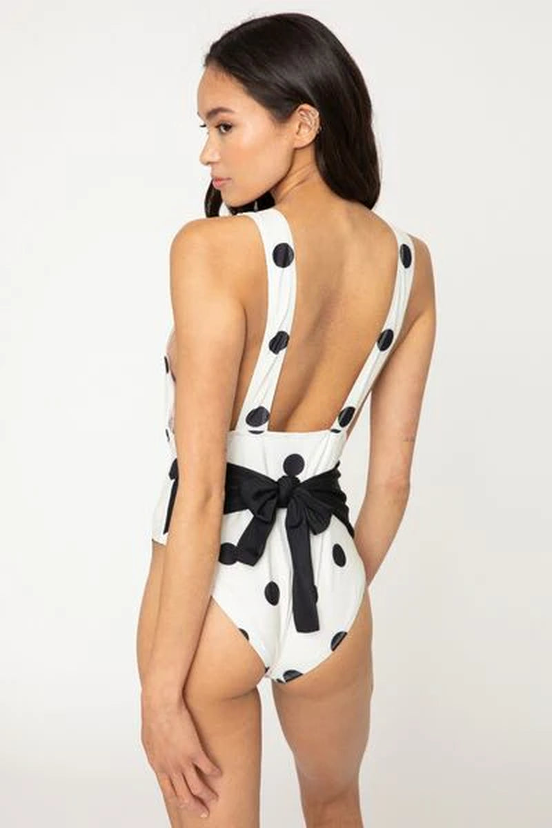 Marina West Polka Dot One-Piece Swimsuit with Tied Plunge Design
