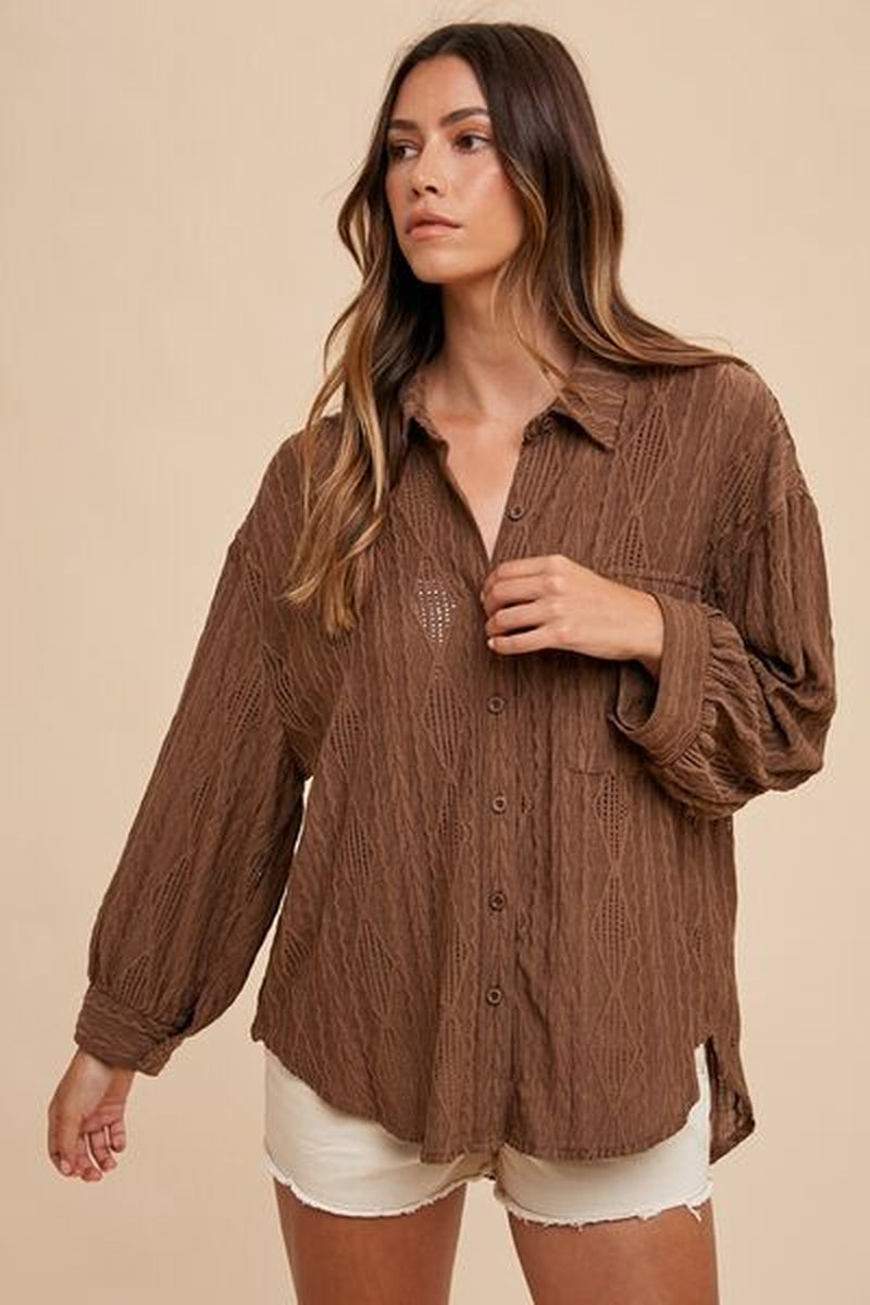 Annie Wear Openwork Button-Down Drop Shoulder Shirt