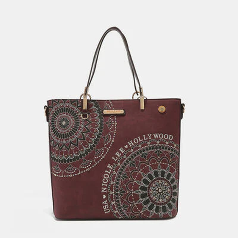 Nicole Lee USA Metallic Stitch Embroidered Rhinestone Tote Bag