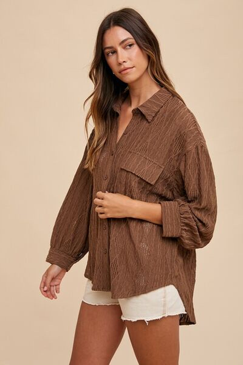 Annie Wear Openwork Button-Down Drop Shoulder Shirt