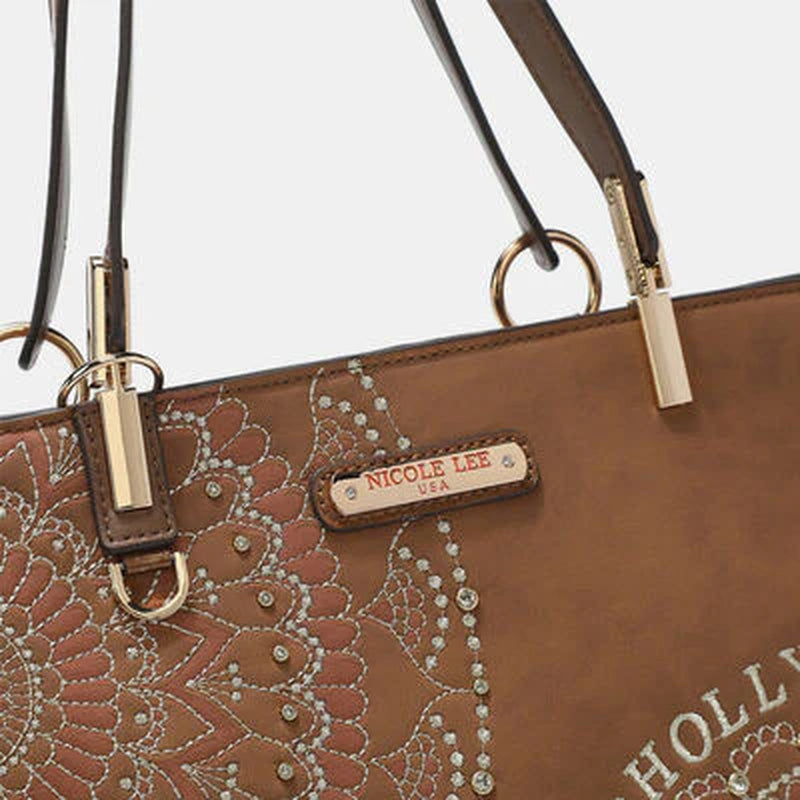 Nicole Lee USA Metallic Stitch Embroidered Rhinestone Tote Bag