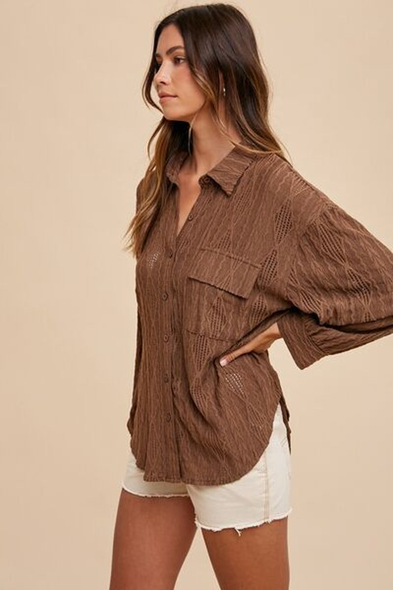 Annie Wear Openwork Button-Down Drop Shoulder Shirt