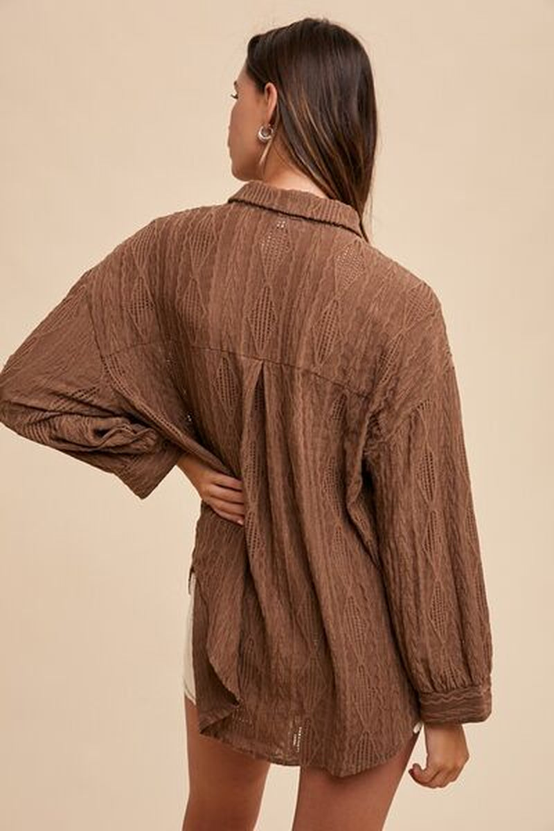 Annie Wear Openwork Button-Down Drop Shoulder Shirt
