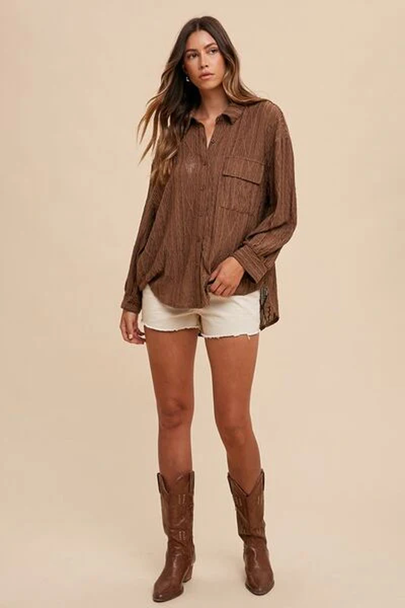 Annie Wear Openwork Button-Down Drop Shoulder Shirt