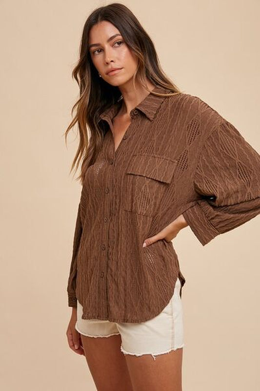 Annie Wear Openwork Button-Down Drop Shoulder Shirt