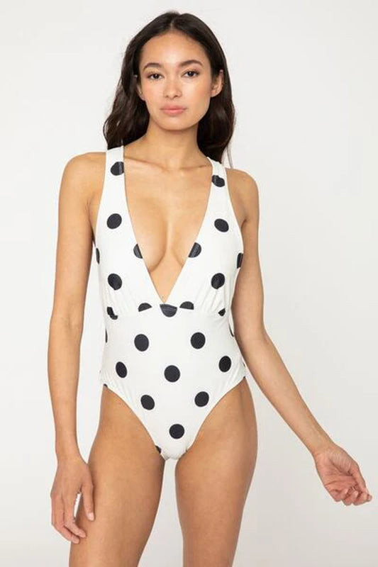 Marina West Polka Dot One-Piece Swimsuit with Tied Plunge Design