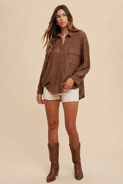 Annie Wear Openwork Button-Down Drop Shoulder Shirt